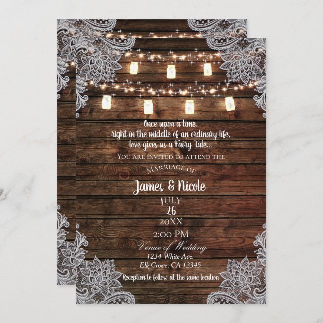 Invitación Boda de madera rústica de granero y frascos de alb (Anverso / Reverso)