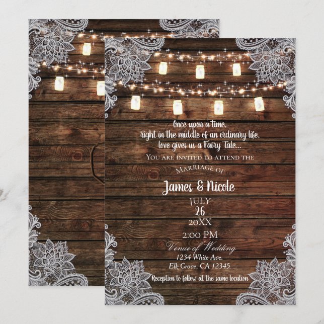 Invitación Boda de Madera Rústica de Granero y Frascos de Mas (Anverso / Reverso)