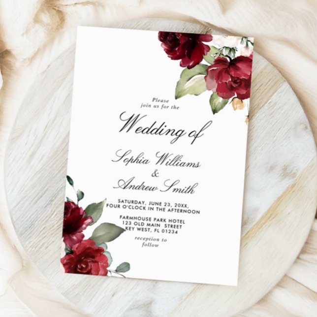 Invitación Boda de madera rústica de rosa roja borgoña elegan (Subido por el creador)
