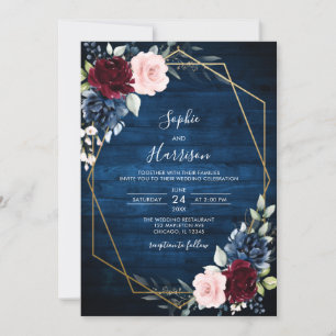 Invitación Boda de madera rústica de Rubor de la Marina Blue 