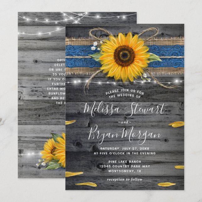 Invitación Boda De Madera Rústica De Sunflower Blue Lace (Anverso / Reverso)