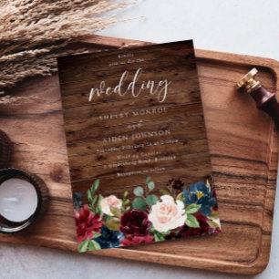 Invitación Boda de Madera Rústica de Vino Rojo de Borgoña