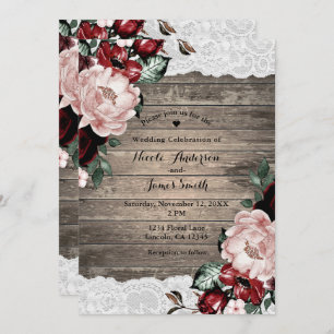 Invitación Boda de madera rústica floral atractiva del país