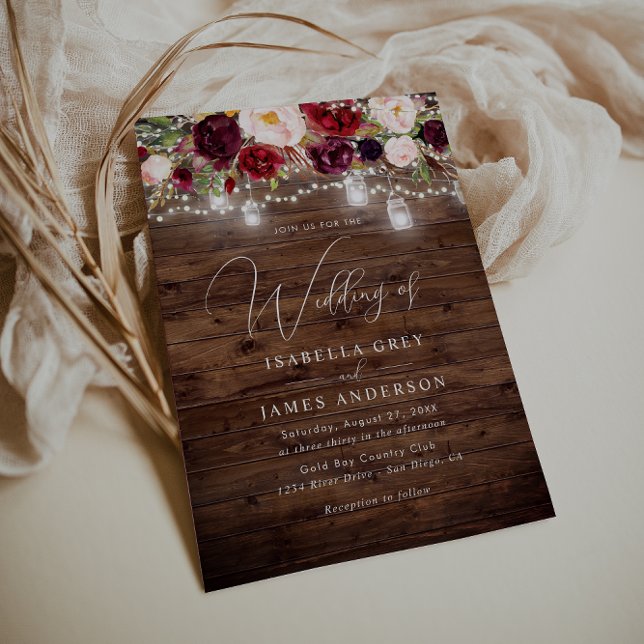 Invitación Boda de madera rústica floral de Borgoña  (Subido por el creador)