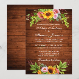 Invitación Boda De Madera Rústica Floral De Girasol