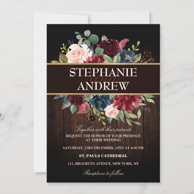 Invitación Boda de madera rústica floral de la Marina Roja de (Anverso)
