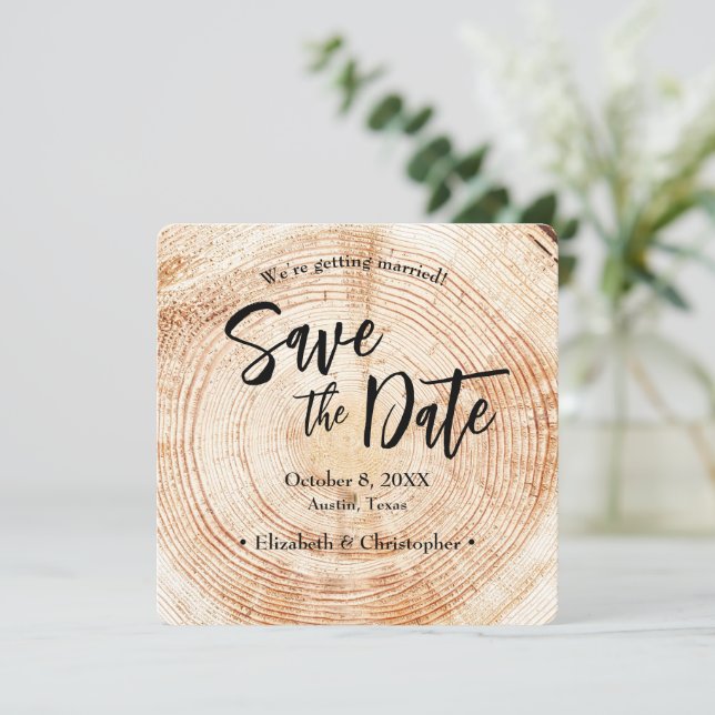 Invitación Boda de Madera Rústica Guarde la fecha con sitio w (Anverso de pie)