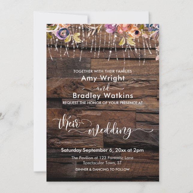 Invitación Boda de Madera Rústica, Luces y Flores (Anverso)