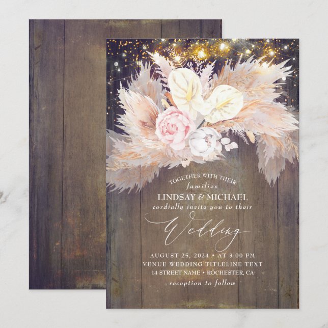 Invitación Boda De Madera Rústica Pampas De Flores Rosa (Anverso / Reverso)