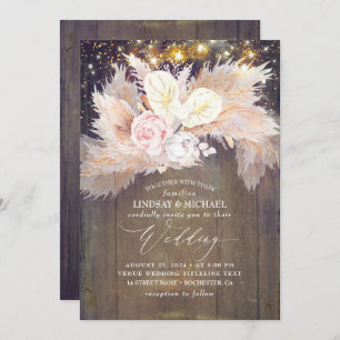 Invitación Boda De Madera Rústica Pampas De Flores Rosa