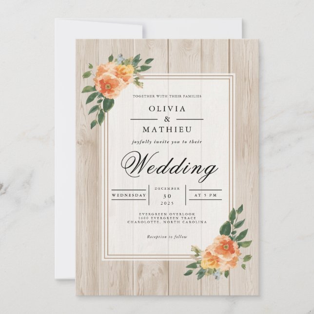 Invitación Boda De Madera Rústica Peach Blossom (Anverso)
