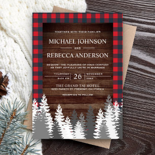 Invitación Boda de madera rústica roja de cuadros escoceses d