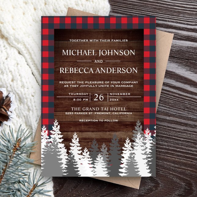Invitación Boda de madera rústica roja de cuadros escoceses d (Subido por el creador)