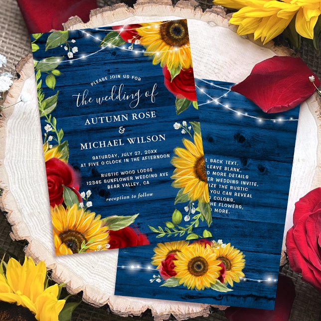 Invitación Boda De Madera Rústica Rosa Azul De La Marina Del  (Personalized navy blue rustic wood, red rose sunflower wedding invitations for your big day!)