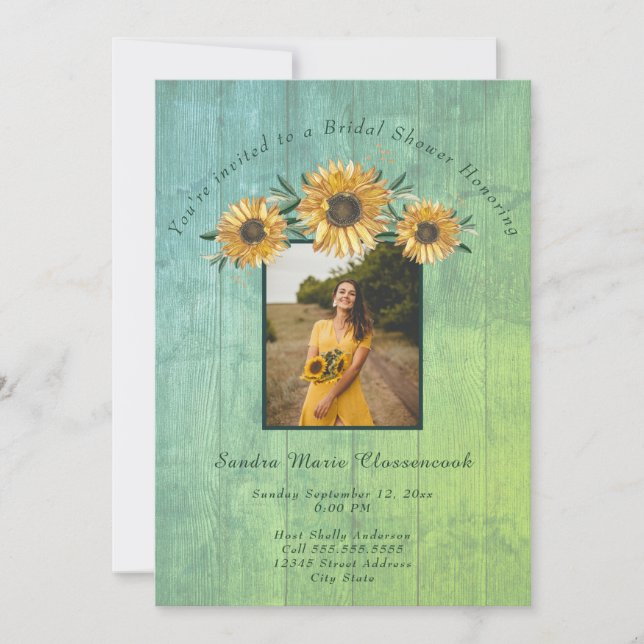 Invitación Boda de Madera Rústica Sage Sunflower Bridal I (Anverso)