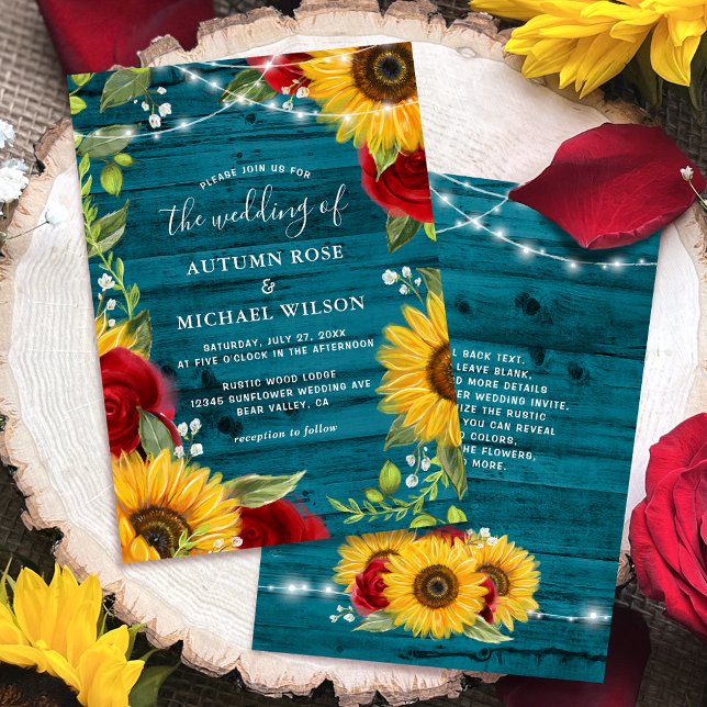 Invitación Boda de madera rústica Verde azulada de girasol Ro (Personalized rustic teal wood, red rose sunflower wedding invitations to celebrate your big day!)