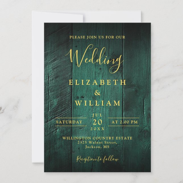 Invitación Boda de Madera Rústica Verde Esmeralda Todo en Uno (Anverso)