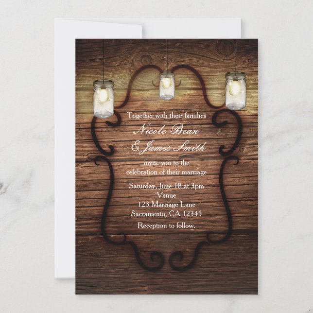 Invitación Boda de Madera Rústica y Lámparas Mason (Anverso)