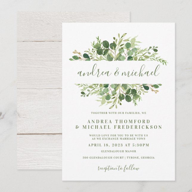 Invitación Boda de Madera Rústica y Verdor de Eucalipto (Anverso / Reverso)