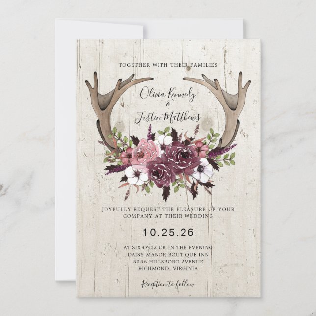 Invitación Boda De Madera Rústico De Antlers Florales De Boho (Anverso)