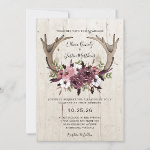 Invitación Boda De Madera Rústico De Antlers Florales De Boho