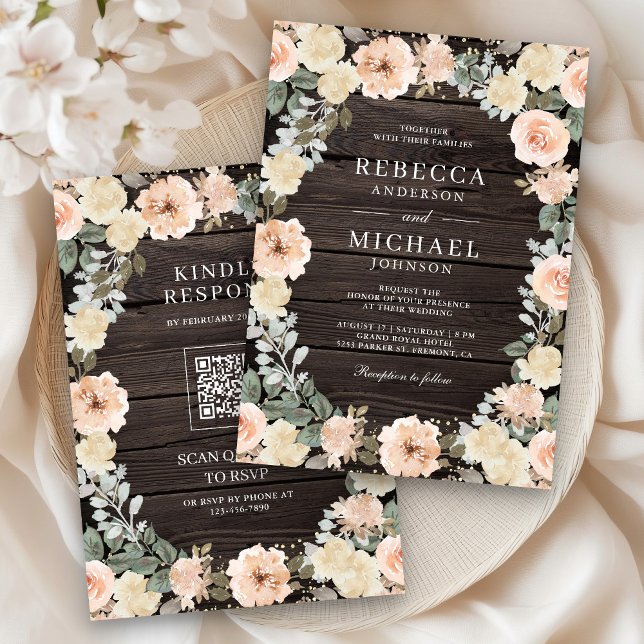 Invitación Boda de madera Rústico Dusty Peach Floral QR Code (Subido por el creador)