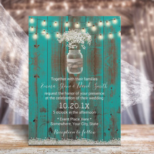 Invitación Boda de Madera Verde azulada Rústica con Flor de M