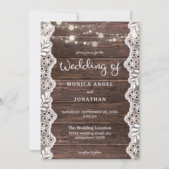 Invitación Boda de Madera y Encaje con Luces de Cuerda (Anverso)