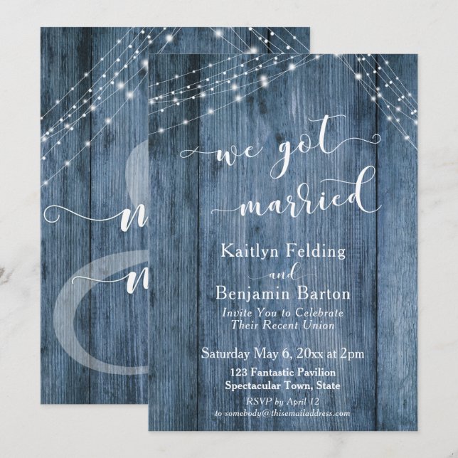 Invitación Boda de Madera y Luces Azules Rústicos Nos Casamos (Anverso / Reverso)