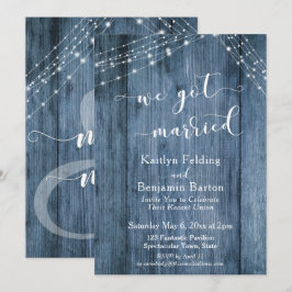 Invitación Boda de Madera y Luces Azules Rústicos Nos Casamos