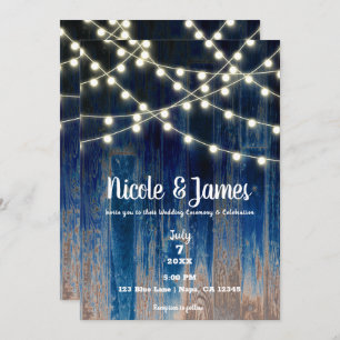Invitación Boda De Madera Y Luces Rústicas Azules Inv