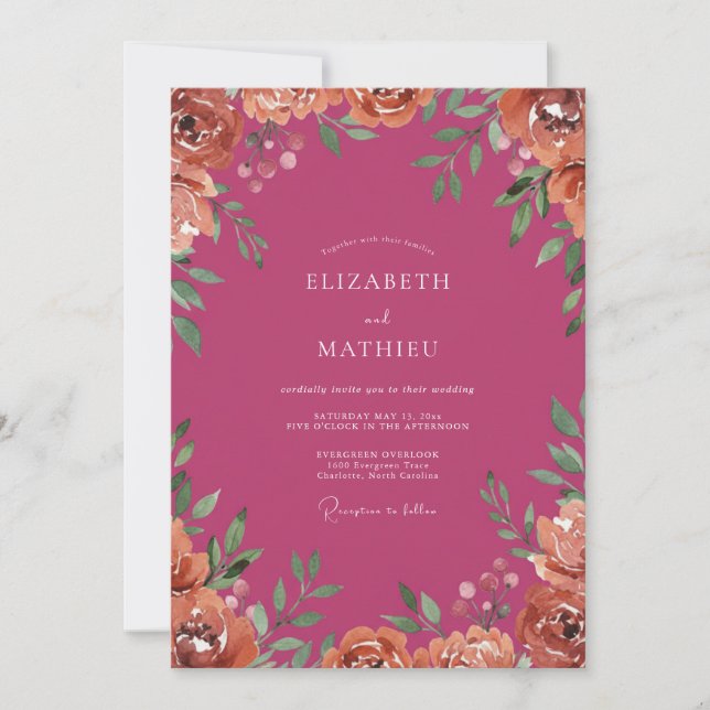 Invitación Boda de Magenta Melocotón Peonía (Anverso)