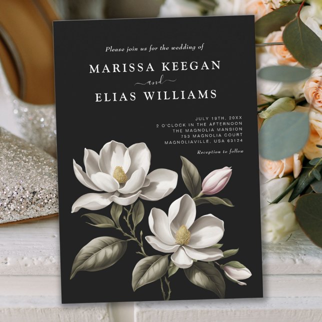 Invitación Boda de magnolia blanca y negra moderna (Modern Vintage Black and White Magnolia Wedding Invitation)