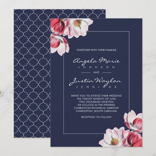 Invitación Boda de Magnolia del Sur de Midnight Blue (Anverso / Reverso)