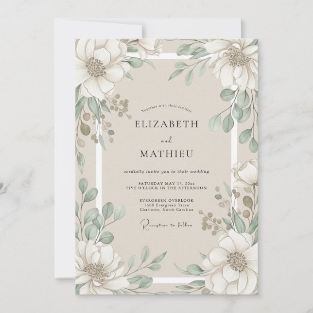 Invitación Boda de Magnolia Eucalipto Marfil (Anverso)