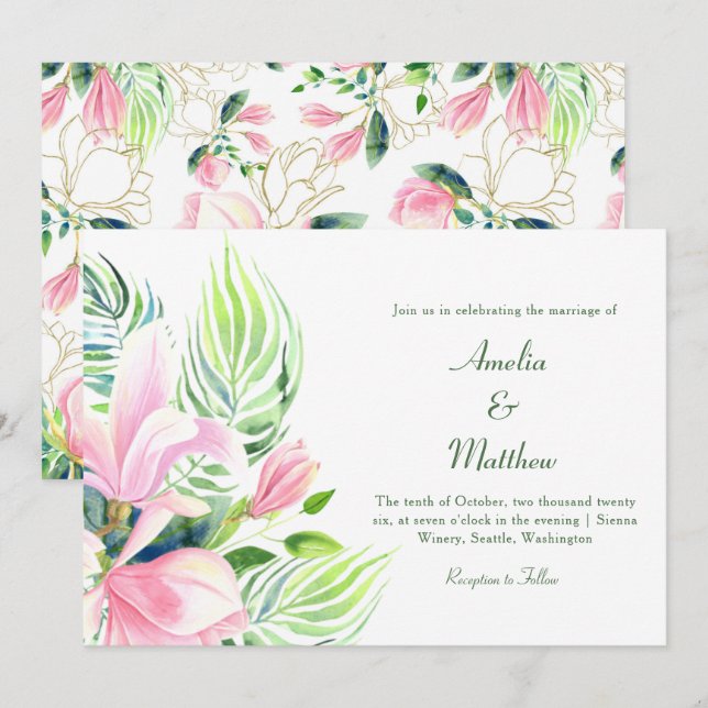 Invitación Boda de Magnolia Floral Tropical Vibrante Romántic (Anverso / Reverso)
