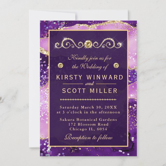 Invitación Boda de malla de Purpurina morado y oro (Anverso)