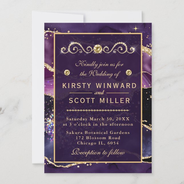 Invitación Boda de malla de Purpurina morado y oro (Anverso)