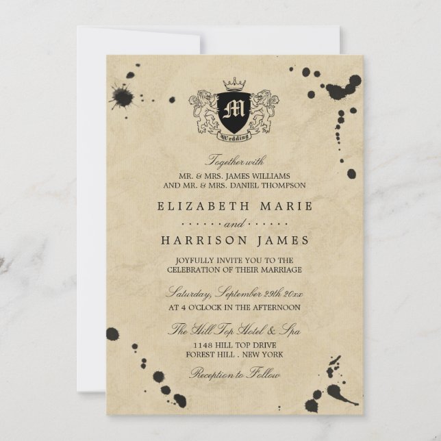 Invitación Boda de manchas de monograma y tinta de cosecha (Anverso)