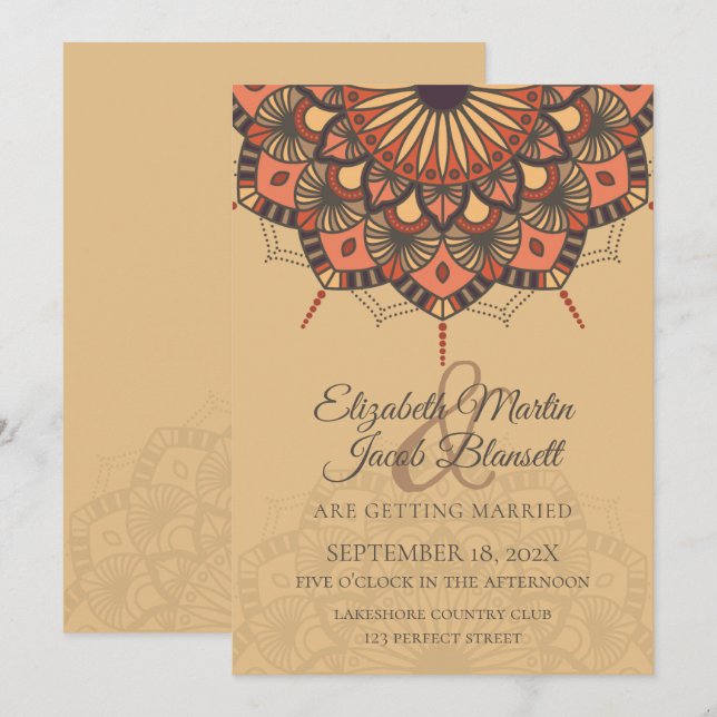 Invitación Boda de Mandala de Peach marrón contemporáneo (Anverso / Reverso)