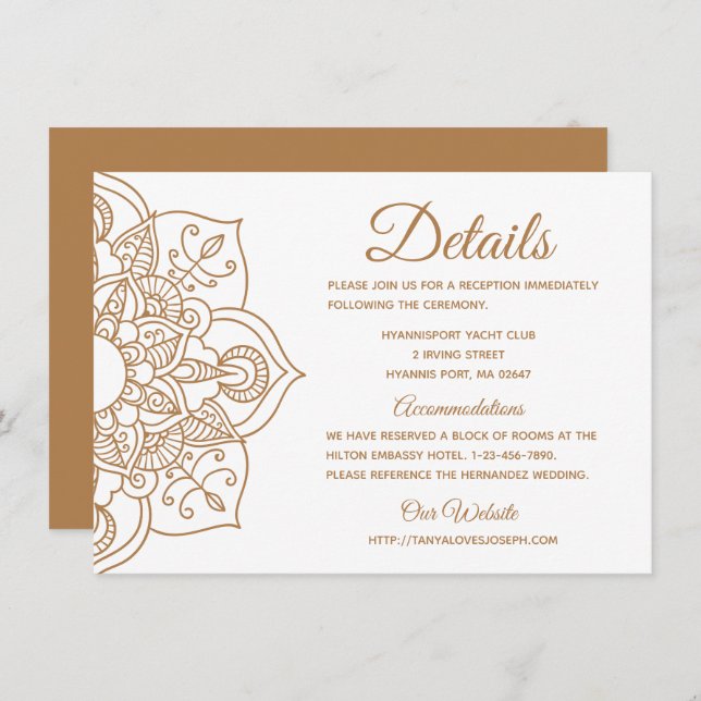 Invitación Boda de Mandala detalla a Brown Boho indio moderno (Anverso / Reverso)