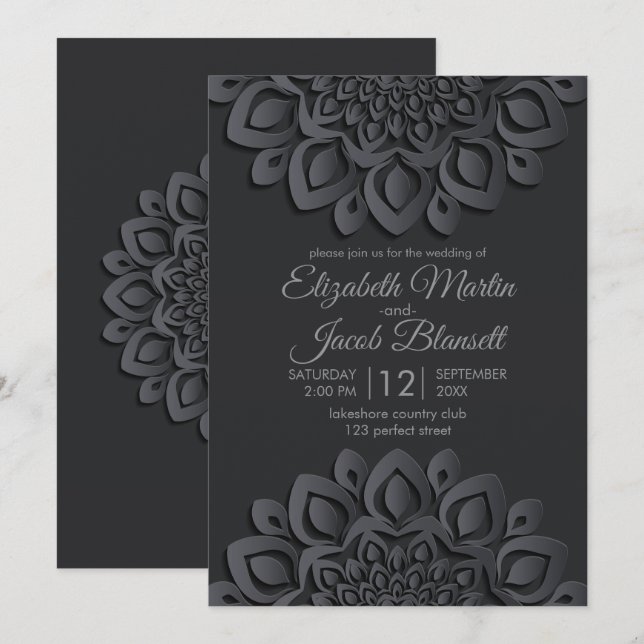 Invitación Boda de Mandala en papel negro contemporáneo (Anverso / Reverso)