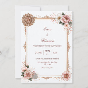 Invitación Boda de Mandala Floral con Borde de Oro Rosa