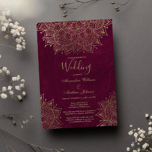 Invitación Boda de Mandala floral de color burdeos