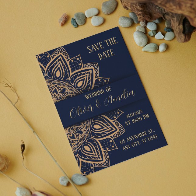 Invitación Boda De Mandala Navy Blue And Gold De Lujo (Subido por el creador)