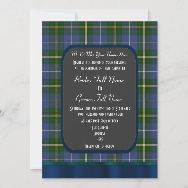 Invitación Boda de manitas de tartán azul y verde (Anverso)