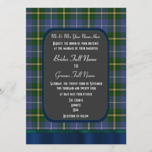 Invitación Boda de manitas de tartán azul y verde