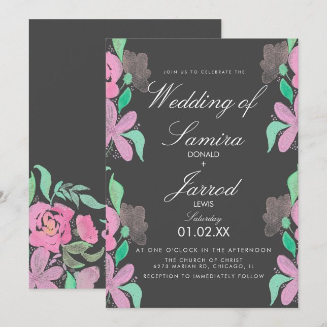 Invitación Boda de Mano de Acuarela Rosa Verde (Anverso / Reverso)