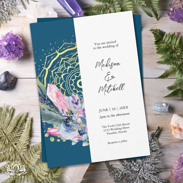 Invitación Boda de Mano de Oro Mandala Cristal Rosa Boho (Subido por el creador)