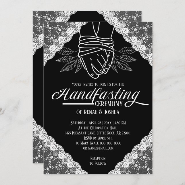 Invitación Boda de manos juntas en mango de encaje blanco (Anverso / Reverso)